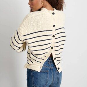 Alex Mill Ivory Navy Stripe Button Back Crew Cotton Sweater & Cardigan 2 in 1